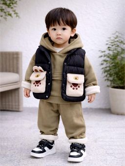 Little Surprise Box - Green Blended Solid Puffer Jacket With Hoodie & Joggers