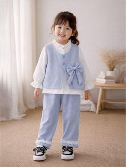 Little Surprise Box - Blue Blended Solid Jacket With Shirt & Pant