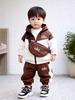 Little Surprise Box - Brown Blended Typography Jacket T-Shirt & Joggers With Sling Bag