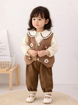 Little Surprise Box - Brown Blended Solid Cardigan With Shirt & Joggers
