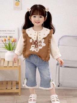 Little Surprise Box - Brown Blended Embroidered Sweater With Top With Jeans