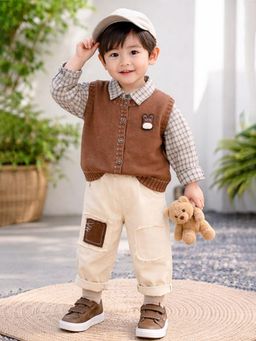 Little Surprise Box - Brown Blended Checks Cardigan With Shirt & Pant