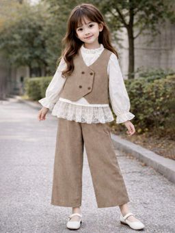 Little Surprise Box - Brown Blended Solid Jacket With Top & Pant