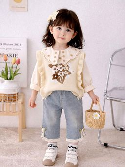 Little Surprise Box - Cream Blended Embroidered Sweater With Top & Jeans