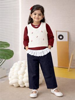 Little Surprise Box - Brown Blended Solid Sweater With Shirt & Pant