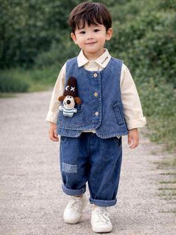 Little Surprise Box - Blue Blended Solid Jacket With Shirt & Joggers