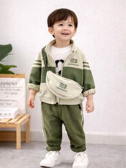 Little Surprise Box - Green Blended Typography Jacket T-Shirt & Joggers With Sling Bag