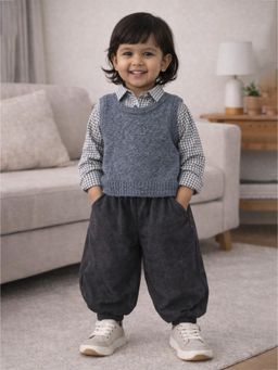 Little Surprise Box - Grey Blended Checks Sweater With Shirt & Joggers