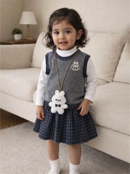 Little Surprise Box - Grey Blended Solid Sweater T-Shirt With Skirt & Labubu Soft Toy