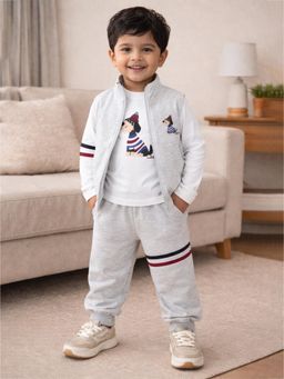 Little Surprise Box - Grey Blended Printed Jacket With T-Shirt & Joggers