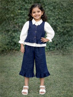 Little Surprise Box - Navy Blue Blended Solid Jacket With Shirt & Pant