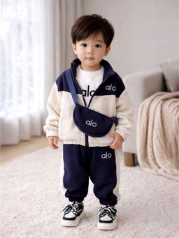 Little Surprise Box - Cream Blended Typography Jacket T-Shirt & Joggers With Sling Bag