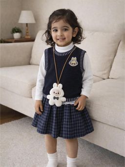 Little Surprise Box - Navy Blue Blended Solid Sweater T-Shirt With Skirt & Labubu Soft Toy