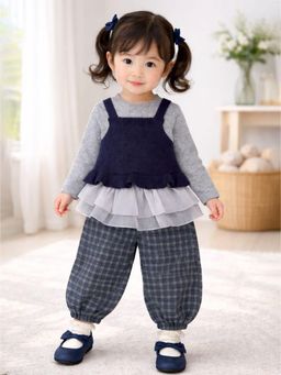 Little Surprise Box - Navy Blue Blended Solid Top With T-Shirt & Joggers