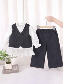 Little Surprise Box - Navy Blue Blended Solid Jacket With Top & Pant