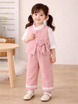 Little Surprise Box - Pink Blended Solid Jacket With Shirt & Pant