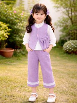 Little Surprise Box - Purple Blended Solid Jacket With Shirt & Pant