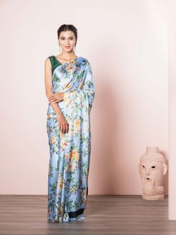 EXCLUSIVA - Blue Floral Satin Crepe Digital Print Saree with Unstitched Blouse