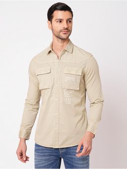 ROOKIES - Men Beige Stylish Slim Fit Cotton Spandex Printed Casual Shirt