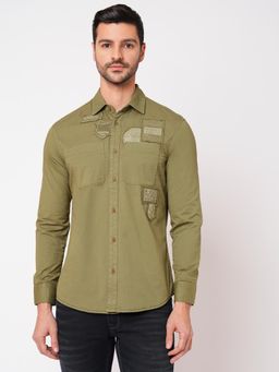 ROOKIES - Men Khaki Stylish Slim Fit Cotton Spandex Embroidered Casual Shirt