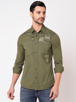 ROOKIES - Men Olive Stylish Slim Fit Cotton Spandex Embroidered Casual Shirt