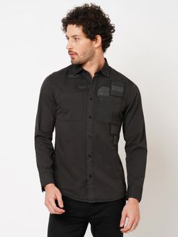 ROOKIES - Men Charcoal Stylish Slim Fit Cotton Spandex Embroidered Casual Shirt
