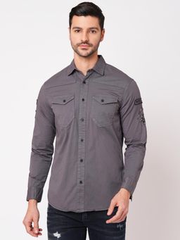ROOKIES - Men Grey Stylish Slim Fit Cotton Spandex Solid Casual Shirt