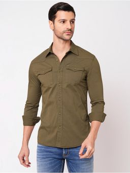 ROOKIES - Men Olive Stylish Slim Fit Cotton Spandex Solid Casual Shirt