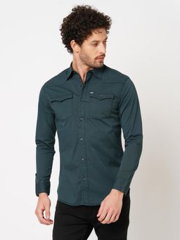 ROOKIES - Men Teal Stylish Slim Fit Cotton Spandex Solid Casual Shirt