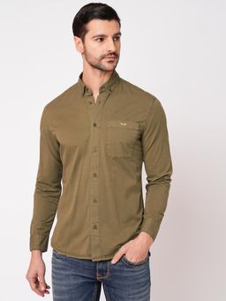 ROOKIES - Men Khaki Stylish Slim Fit Cotton Spandex Solid Casual Shirt