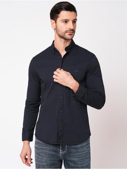 ROOKIES - Men Stylish Navy Blue Slim Fit Cotton Spandex Solid Casual Shirt