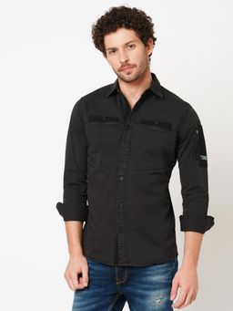 ROOKIES - Men Charcoal Stylish Slim Fit Cotton Spandex Solid Casual Shirt
