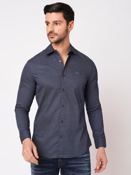ROOKIES - Men Trendsetting Navy Blue Full Sleeve Slim Cotton Printed Shirt