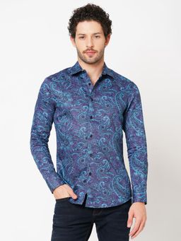 ROOKIES - Men Navy Blue Full Sleeve Slim Fit Cotton Paisley Shirt