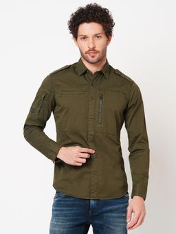 ROOKIES - Men Stylish Olive Slim Fit Cotton Spandex Solid Casual Shirt