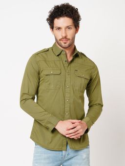 ROOKIES - Men Stylish Slim Fit Olive Cotton Spandex Solid Casual Shirt