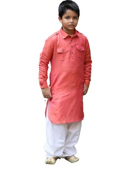 Manyavar - Boys Coral Blended Cotton Plain Kurta Patiala (set Of 2)