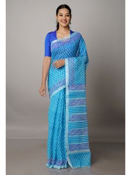 Unnati Silks - Blue Pure Block Printed Kota Cotton Saree with Unstitched Blouse