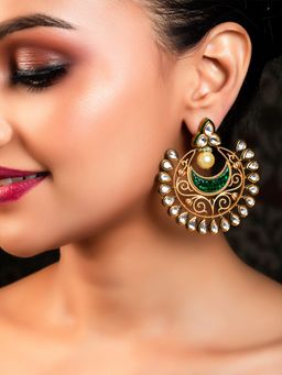 AG'S - Anugraha Green Stone Gold Plated Kundan Chandbalis Earrings