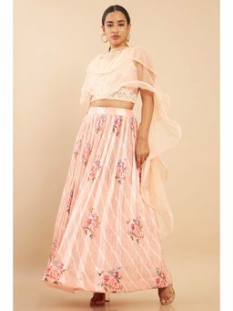 Soch - Women Peach Mirror Work Ghagra Choli (Set of 3)