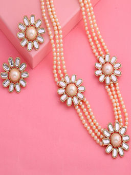 Estele - Gold Plated Three Daisy Flower Kundan Pearl Necklace Set for Women