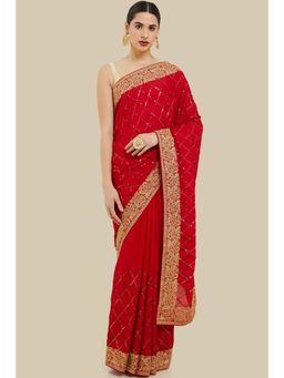 Soch - Women Red Chiffon Embellished Saree with Unstitched Blouse