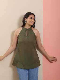 QAZMI - Women Aari Embroidered Pure Cotton Halter Neck Short Kurti