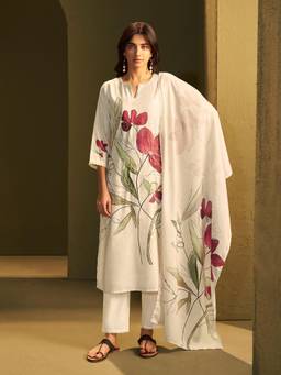 Vannya B - Keya Women's White Linen Floral Printed Set