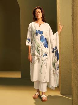 Vannya B - Ojasvi Women's White Linen Cobalt Blue Floral Printed Set