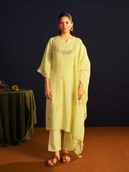 Vannya B - Myesha Women's Lime Green Mul Chanderi Handwork Set