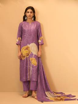 Vannya B - Amoli Women's Purple Linen Floral Printed Handwork Set