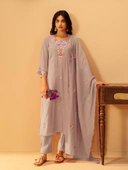 Vannya B - Inaya Women's Grey Mul Chanderi Multi-Colour Handwork Set