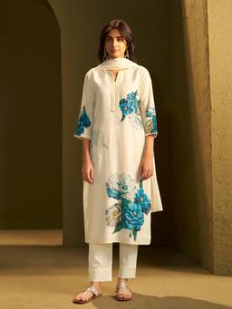 Vannya B - Siya Women's White Linen Teal Blue Floral Printed Set
