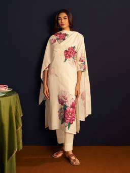 Vannya B - Riana Women's White Linen Deep Pink Floral Printed Set